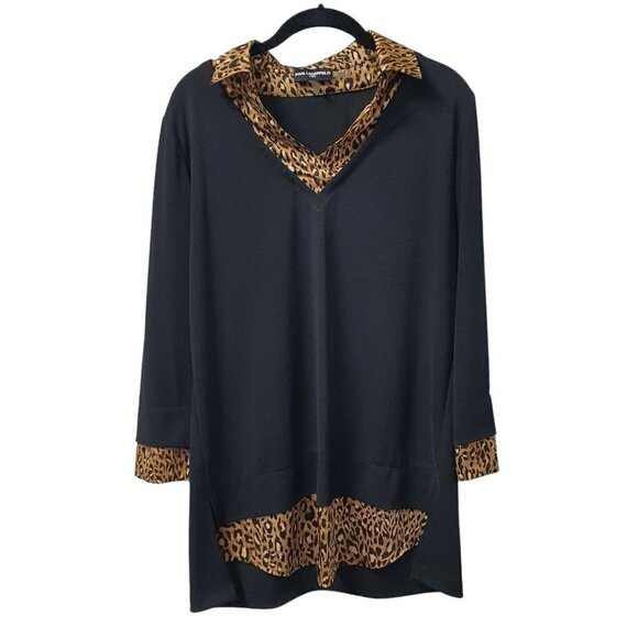 KARL LAGERFELD PARIS Jersey Knit Stretch Black Cheetah Animal Print Blouse Med - Picture 1 of 10